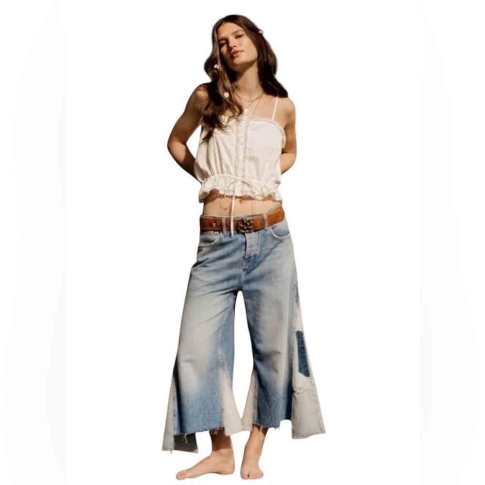 We The Free Ripple Wide Leg Crop Jean Sz 27” Cotton Chewed Fringe Hem New